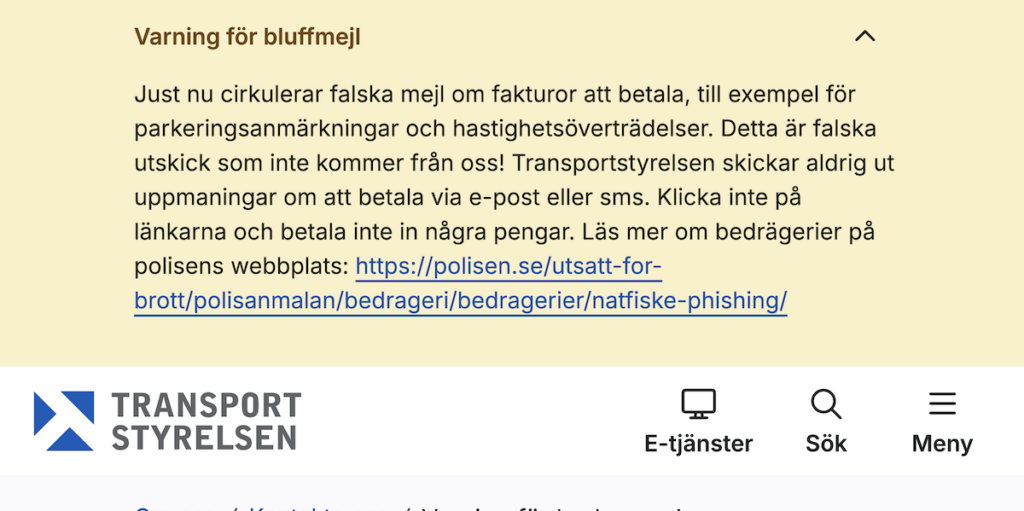 Transportstyrelsen varnar för bluffmejl med falska böter. (Foto: Transportstyrelsens hemsida)