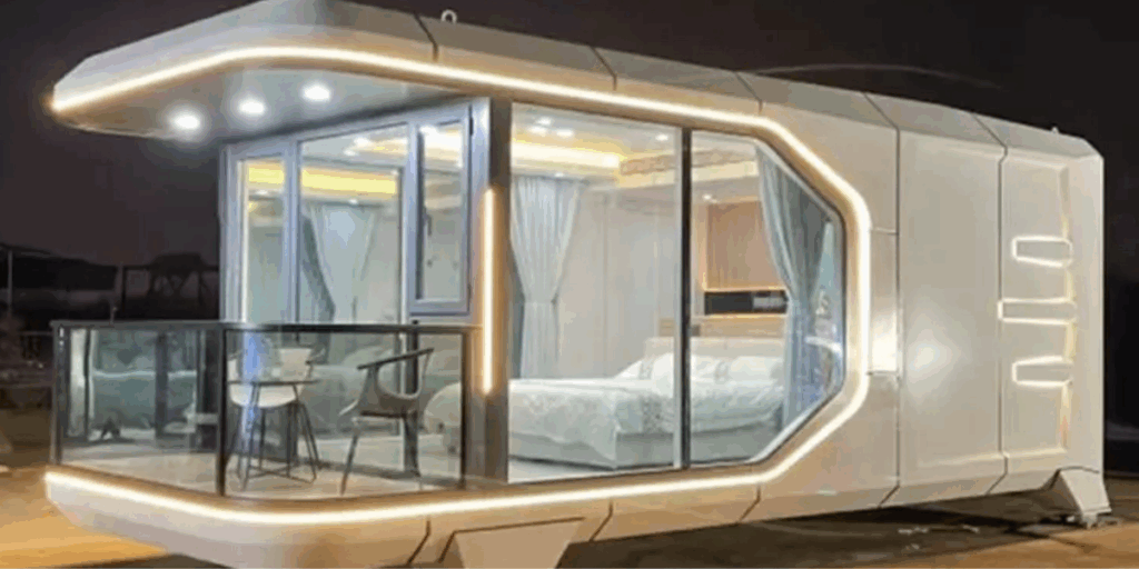 Futuristiskt kapselhus med glasväggar och smart belysning, ett Tiny House som kombinerar lyx, minimalism och hållbart boende. (Foto: Modpadz)