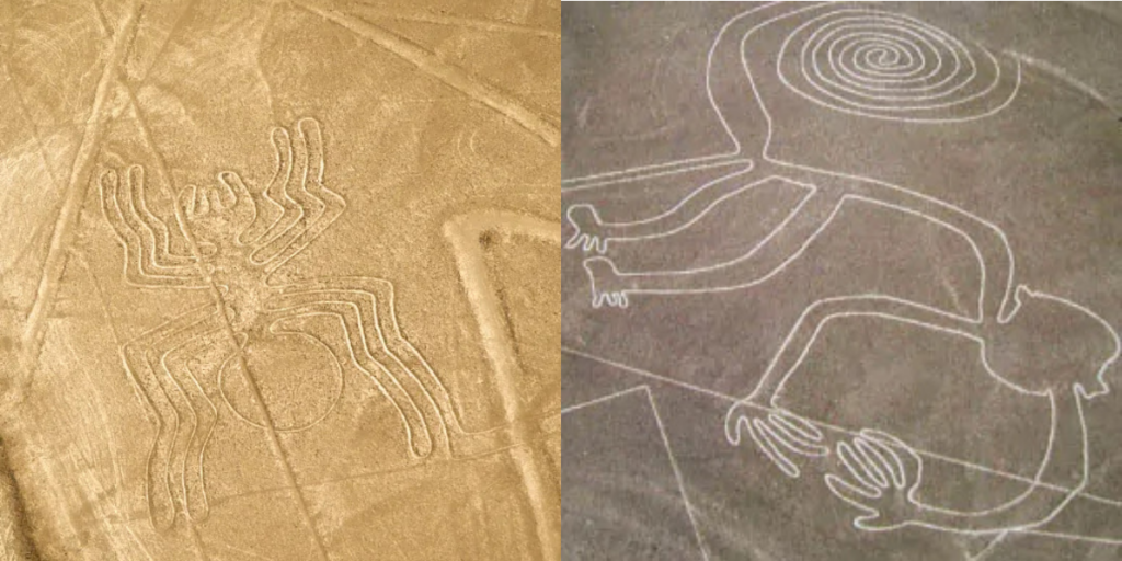 Flygfoto över två av de tidigare kända Nazcalinjerna. Med hjälp av AI har forskare nu hittat ytterligare 303 figurer i öknen.(Foto: Nazcalinestours)