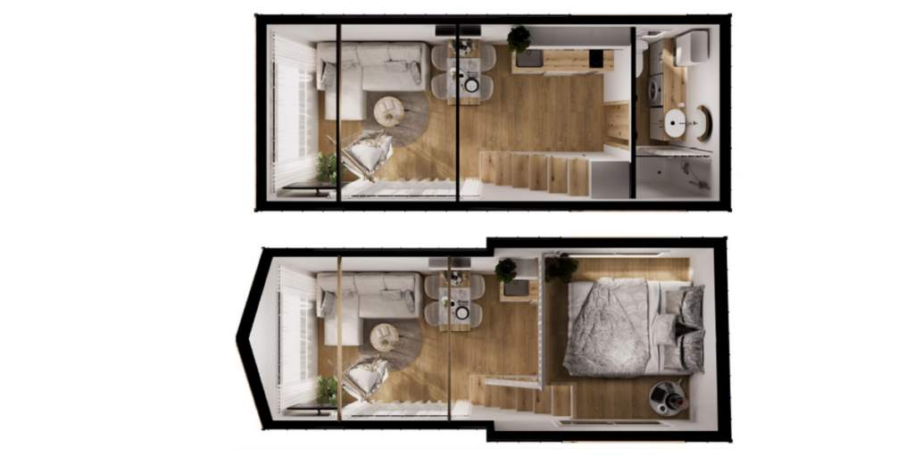 Planlösningen i Smile utnyttjar varje kvadratmeter med vardagsrum, kök, badrum och sovloft i ett kompakt Tiny House-format. (Foto: Vagabond Haven)