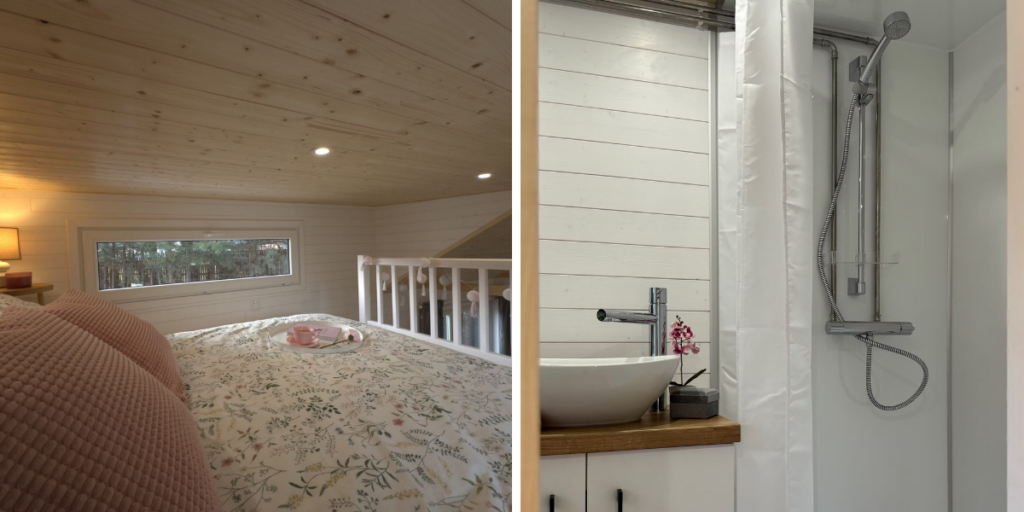 Sovloftet i Smile är en ljus och avskild plats för vila, medan badrummet på nedervåningen kombinerar skandinavisk design med moderna bekvämligheter. (Foto: Vagabond Haven)