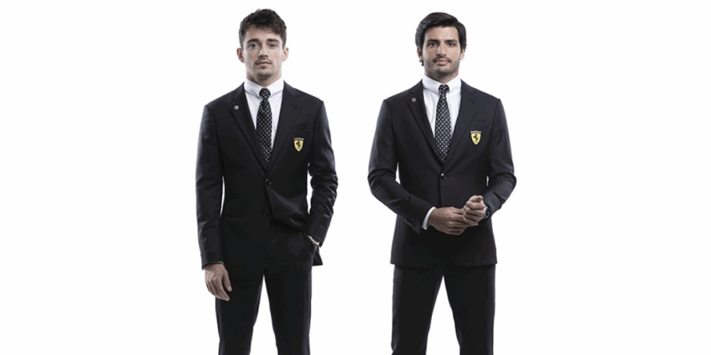 F1-förarna Charles LeClerc och Carlos Sainz dressade i Armani. (Foto: Ferrari)