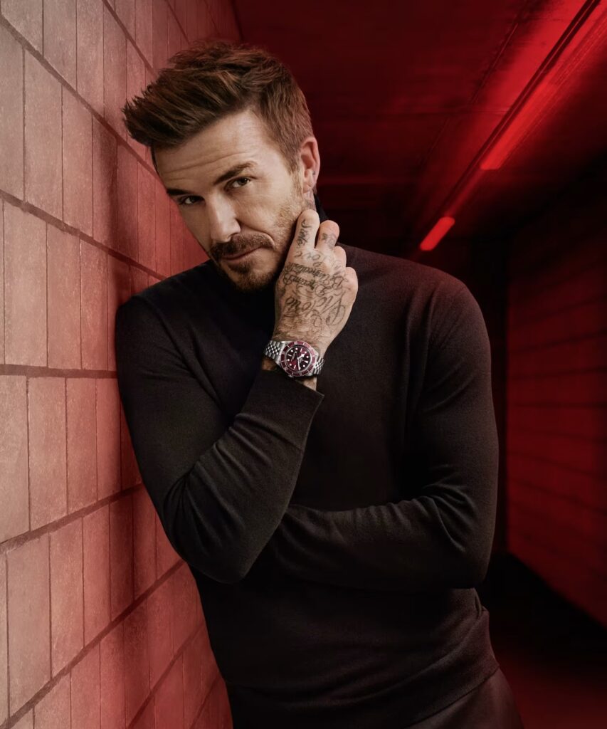 David Beckham är en av många kändisar som bär lyxklockor i PR-kampanjer, här är det en Tudor-klocka. 