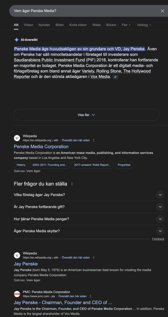 Det handlar om AI-sammanfattningen i toppen. Själva sidan med information ligger väldigt mycket längre ner. (Foto: Google sök, skärmavbild)