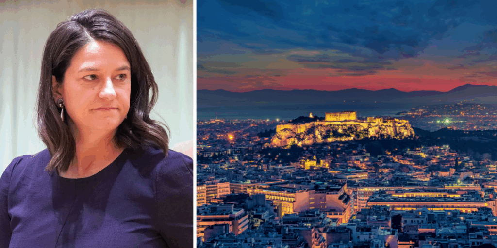 Niki Kerameus, ND, Greklands arbets- och socialförsäkringsminister. (Kollage:Canva/European union)