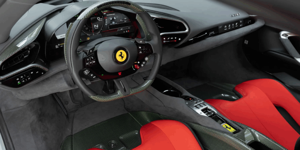 Inredning blandas svart med rött. (Foto: Ferrari)