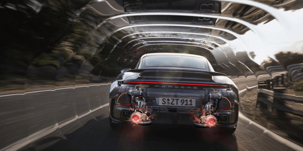 Bilen har den nya hybriddrivlinan T-Hybrid, som använder en elektrifierad 3,6-liters boxermotor med dubbla turboaggregat. (Foto: Porsche)