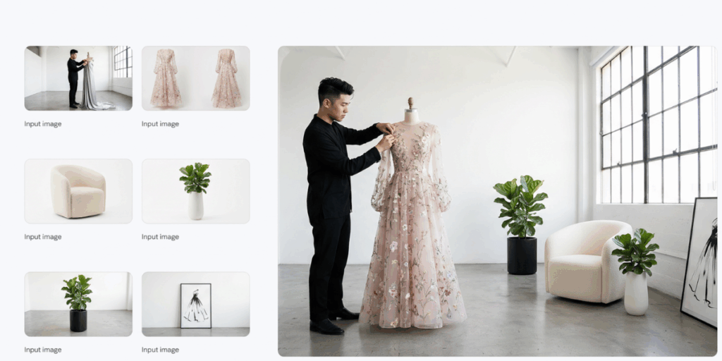 Prompt: Kombinera dessa bilder till en gemensamt arrangerad, filmisk bild i 16:9-format och byt klänningen på skyltdockan till klänningen i bilden. (Foto: Google)
