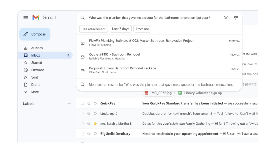 Lättare att söka och få bra svar i gmail när AI stöttar. (Foto: Google)